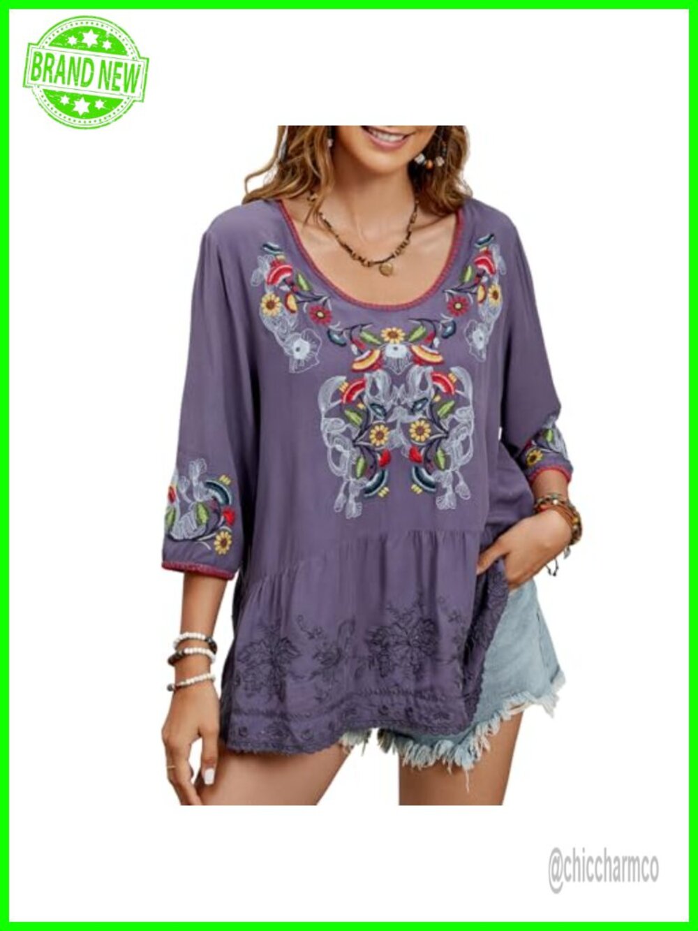 Women's Embroidered Peasant Tunic Top 3/4 Sleeve Cotton Loose Fit